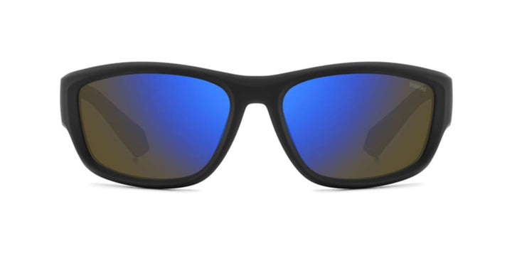 Black plastic wrap-around sunglasses with blue reflective polarized lenses, sporty profile for Man
