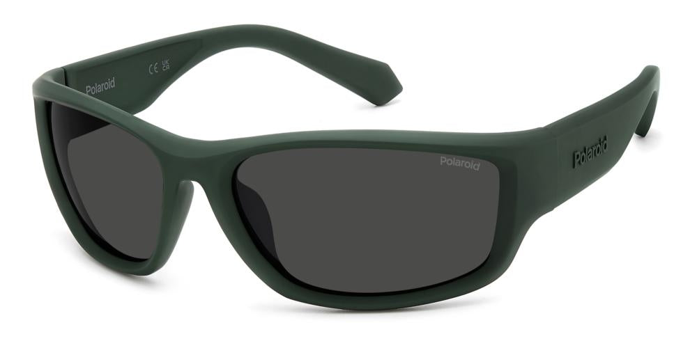Dark green plastic wrap-around sunglasses with polarized lenses, sporty silhouette on white background