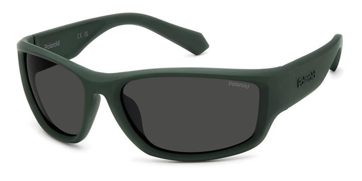 Dark green plastic wrap-around sunglasses with polarized lenses, sporty silhouette on white background