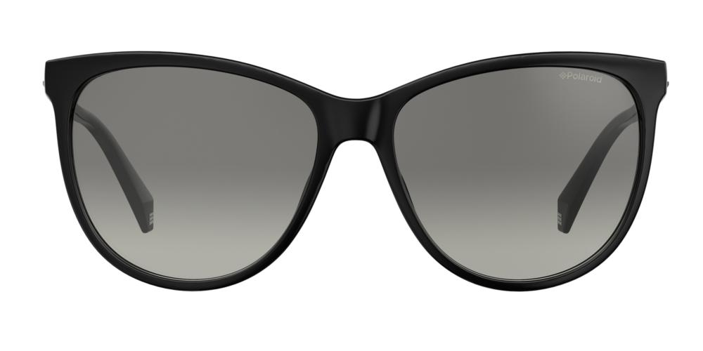 Black cat-eye sunglasses in glossy polycarbonate with gradient polarized lenses, frontal three-quarter view