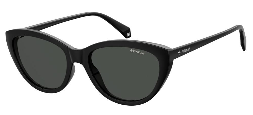 Black thick-frame cat-eye sunglasses with dark tinted lenses and subtle brand logos on temples and lens