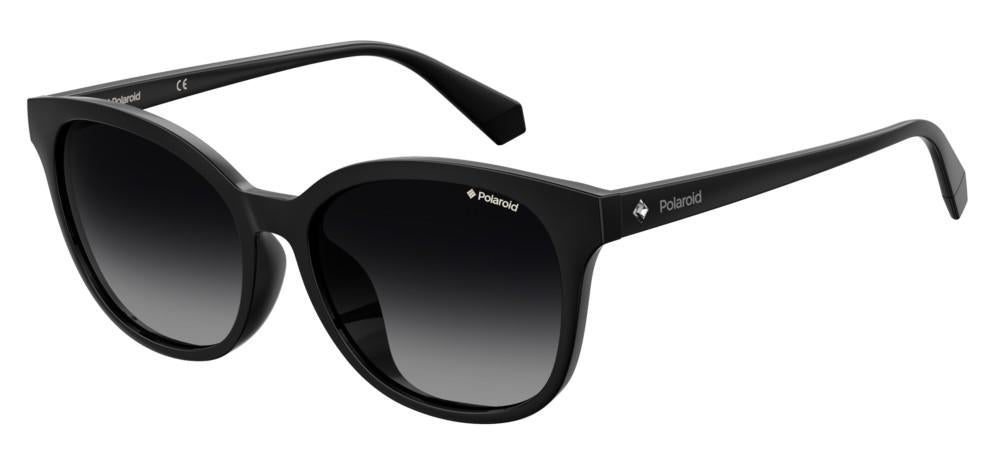 Unisex black plastic wayfarer sunglasses with gradient lenses and Polaroid logo on temple, three-quarter view