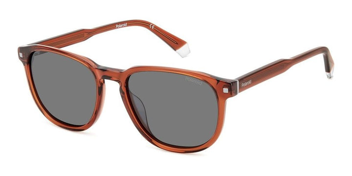 Brown rectangular square sunglasses in acetate with transparent edges and dark gray polarized lenses, Polaroid logo on temples