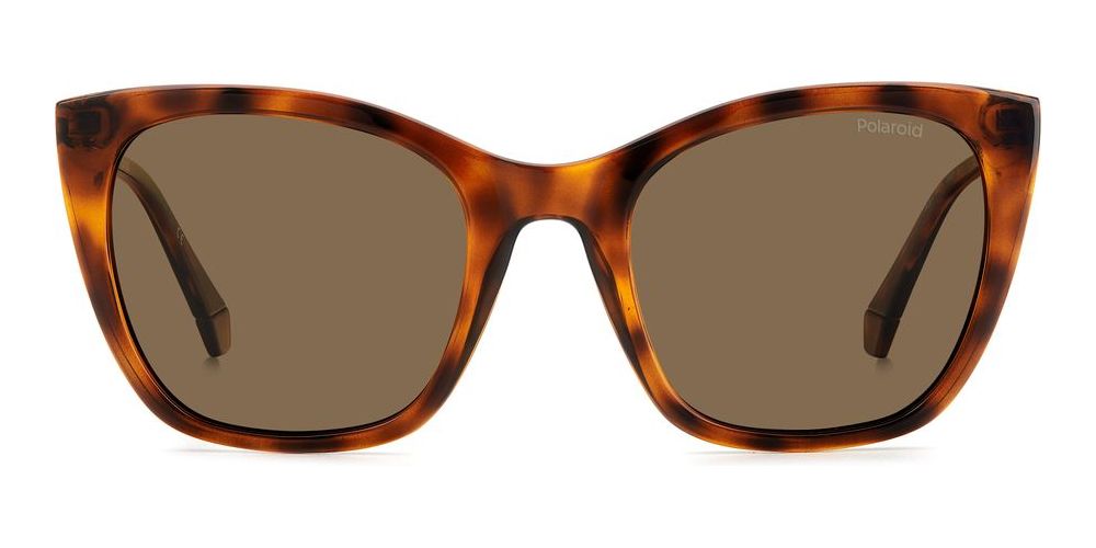 Tortoiseshell cat-eye sunglasses with gold metal temples and polarized brown lenses on white background