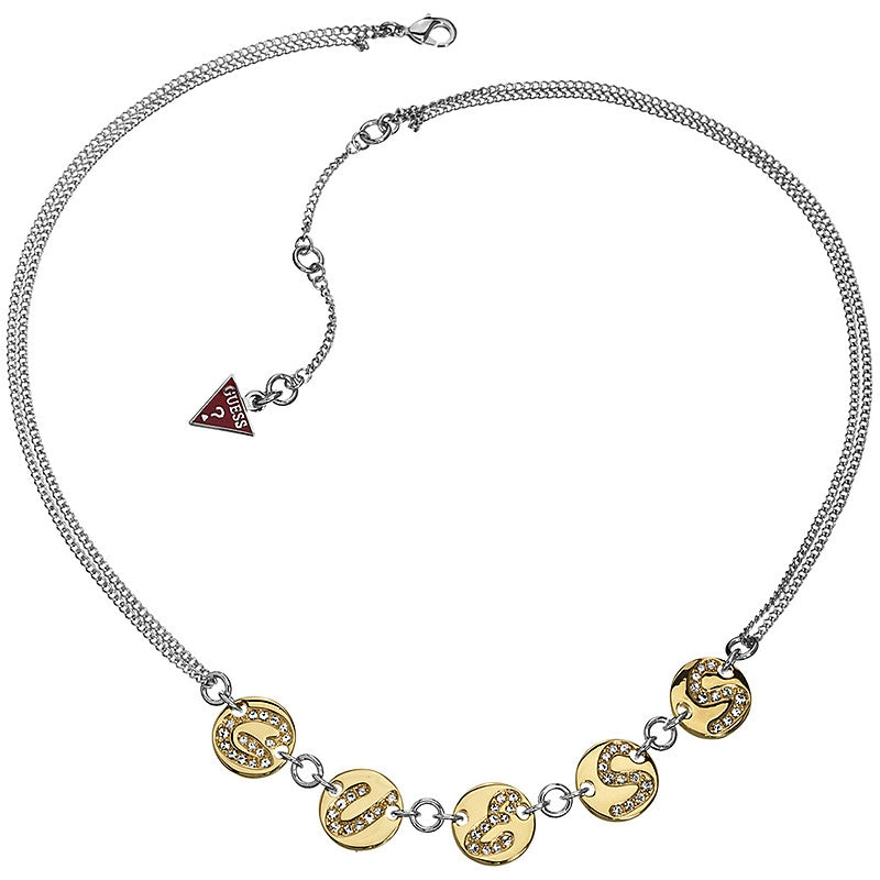 Two-tone metal pendant necklace with crystal round discs and small red triangular charm on adjustable chain