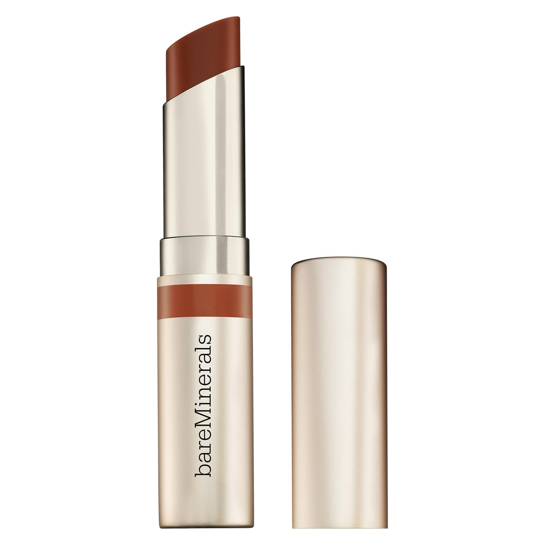 Small tube of glossy brown tinted lip balm, 2.3 g, non-sticky finish
