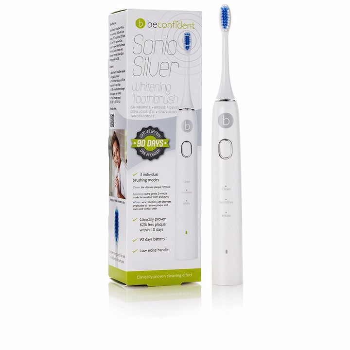 White and silver sonic electric toothbrush with compact brush head, Unisex