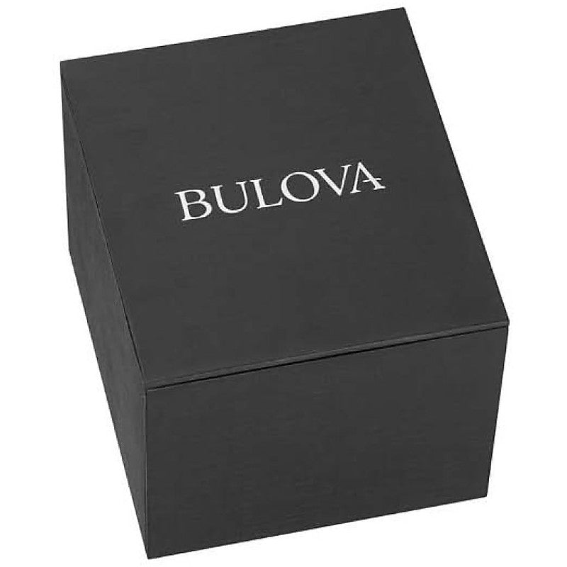 Black dial open-heart Bulova watch in silver steel case with black leather strap, visible movement