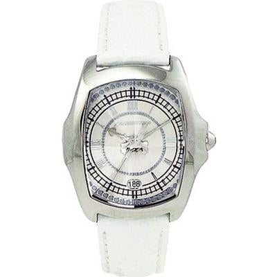 Silver-case women’s dress watch with white leather strap and crystal-accented white dial