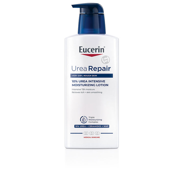Eucerin White and dark blue plastic pump lotion bottle, clinical clean label with text and icons, refined