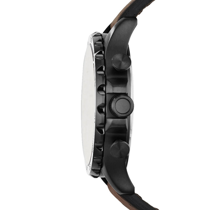Chronograph watch on brown leather strap; black dial, beige accents, stainless steel case, date display