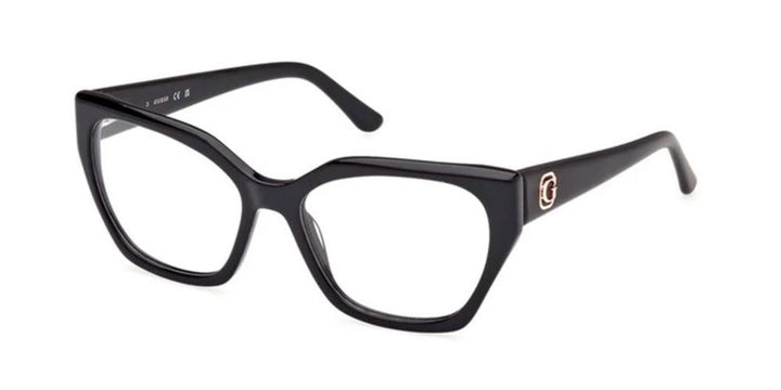 Black plastic cat-eye eyeglasses for Women, clear lenses and logo-decorated temples, modern fashionable look
