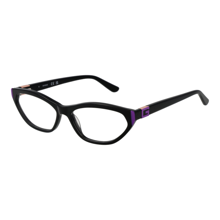 Black cat-eye eyeglasses for Women with purple accents and rose gold logo on temples
