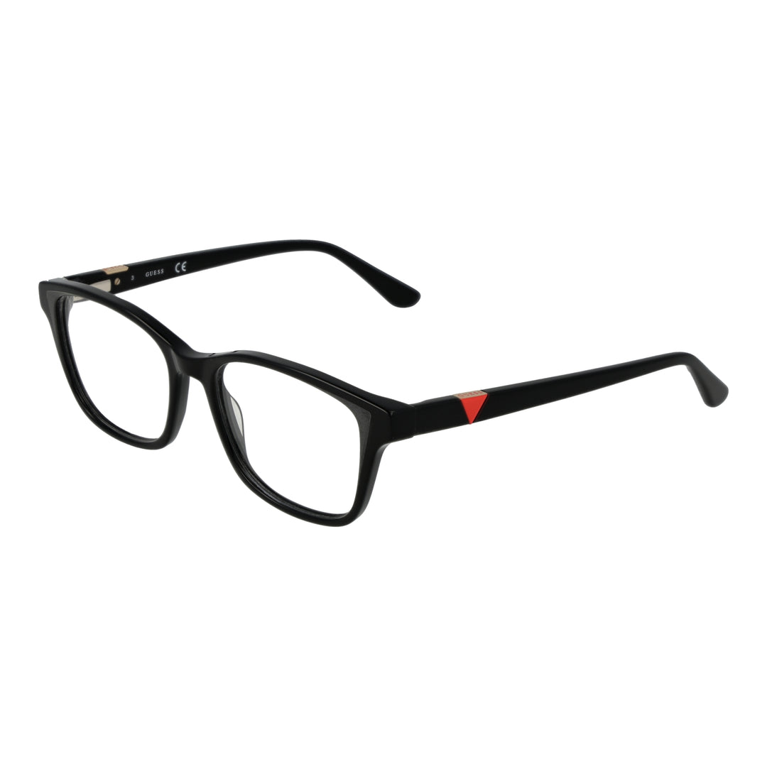 Unisex black full-rim rectangular eyeglasses with red triangular detail on temples, modern plastic frame