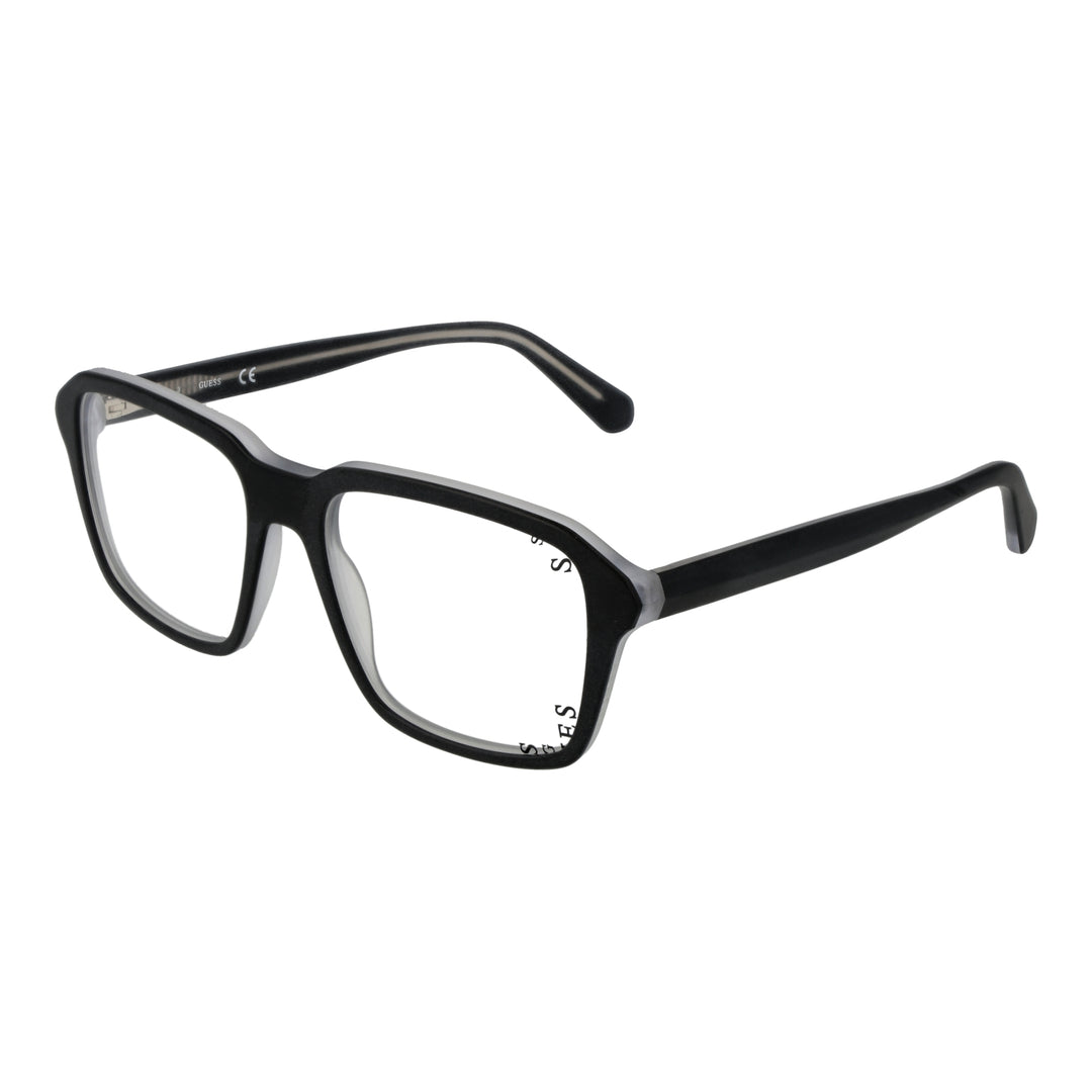 Black full-rim rectangular eyeglasses in plastic, modern Unisex frame shown three-quarter view on neutral background