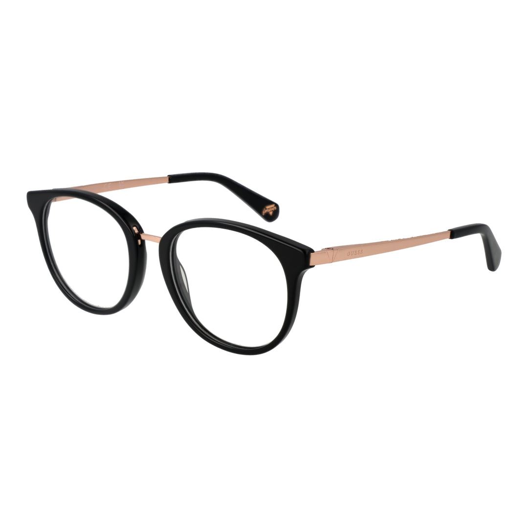 Unisex black and rose-gold round eyeglasses with thin metal temples and plastic temple tips on white background
