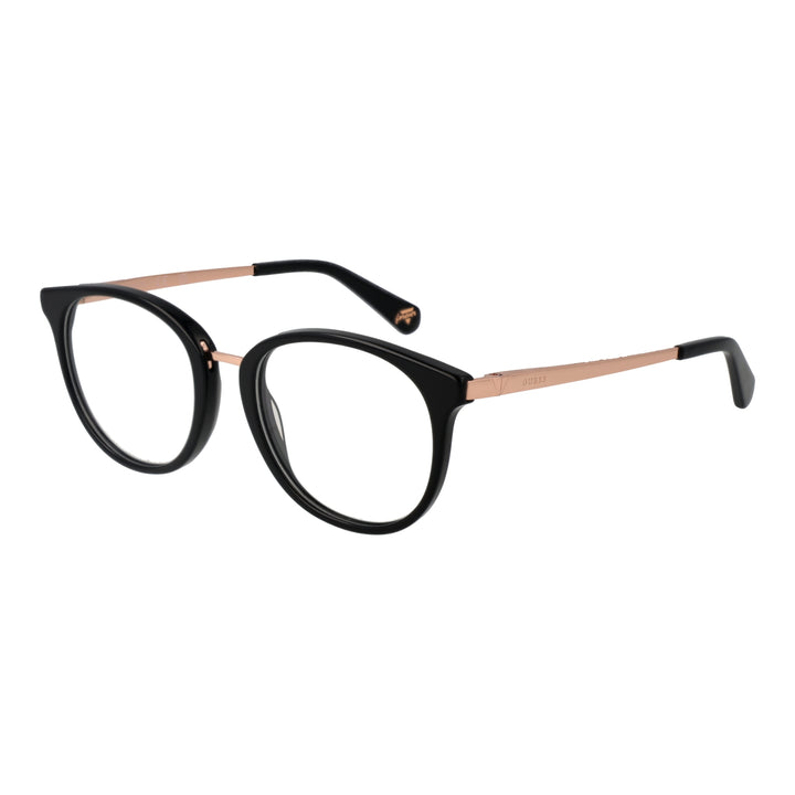 Unisex black and rose-gold round eyeglasses with thin metal temples and plastic temple tips on white background