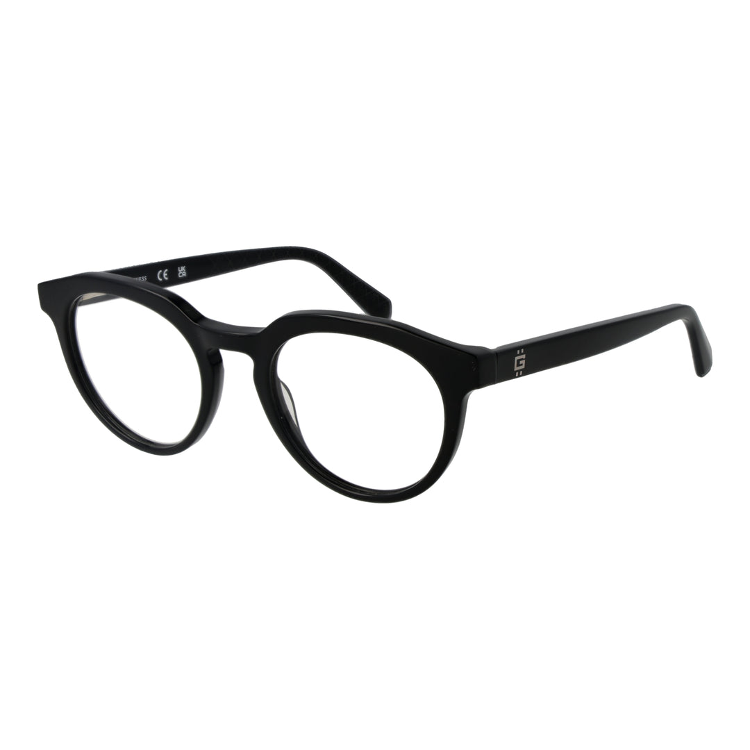 Unisex black plastic round eyeglasses, full-rim frame, temple tips, front view on white background.