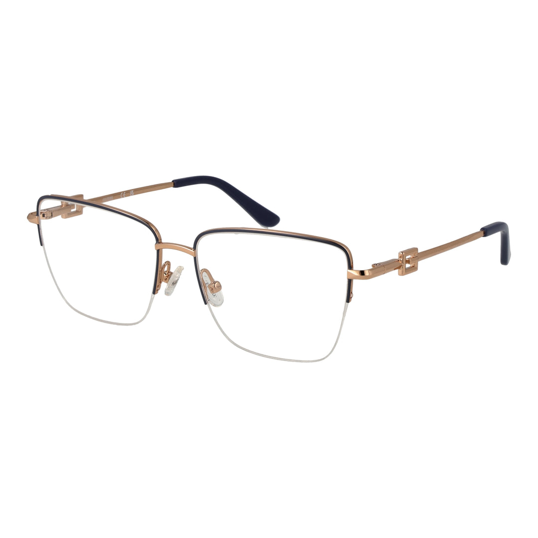 Unisex gold thin metal rectangular eyeglasses with clear lenses and decorative hinge, shown front angle on white background