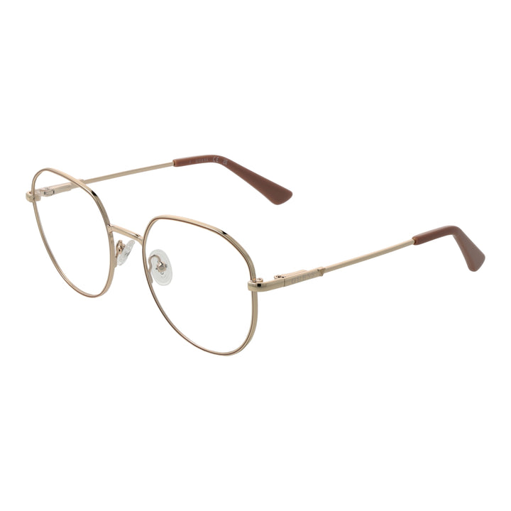 Unisex gold metal rounded-square eyeglasses with thin temples and adjustable nose pads on white background