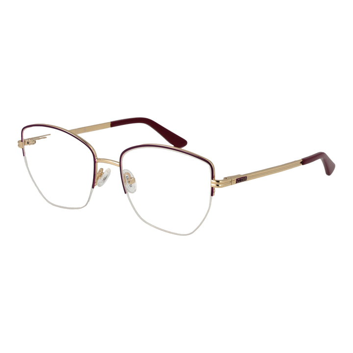 Gold thin metal rectangular eyeglasses with adjustable nose pads and burgundy temple accents for Women