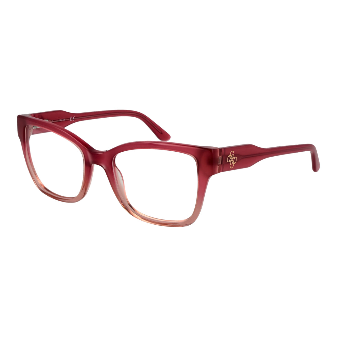 Red-to-peach gradient square eyeglasses with transparent lower rim and logo on temple, modern plastic frame