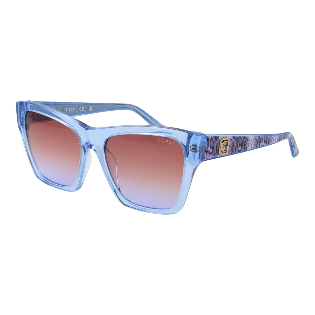 Blue to brown gradient square sunglasses in plastic frame with patterned temples and logo accents
