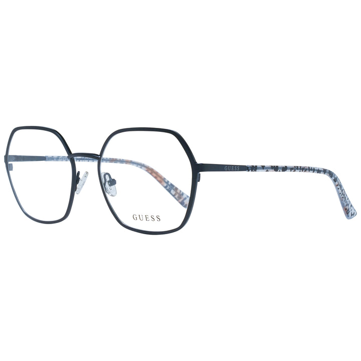 Unisex hexagonal black metal eyeglasses with patterned temple tips and adjustable nose pads, modern geometric silhouette