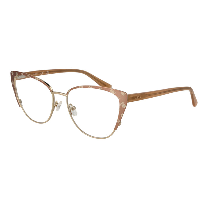 Brown patterned cat-eye eyeglasses with gold metal temples and clear nose pads for Women, front three-quarter view