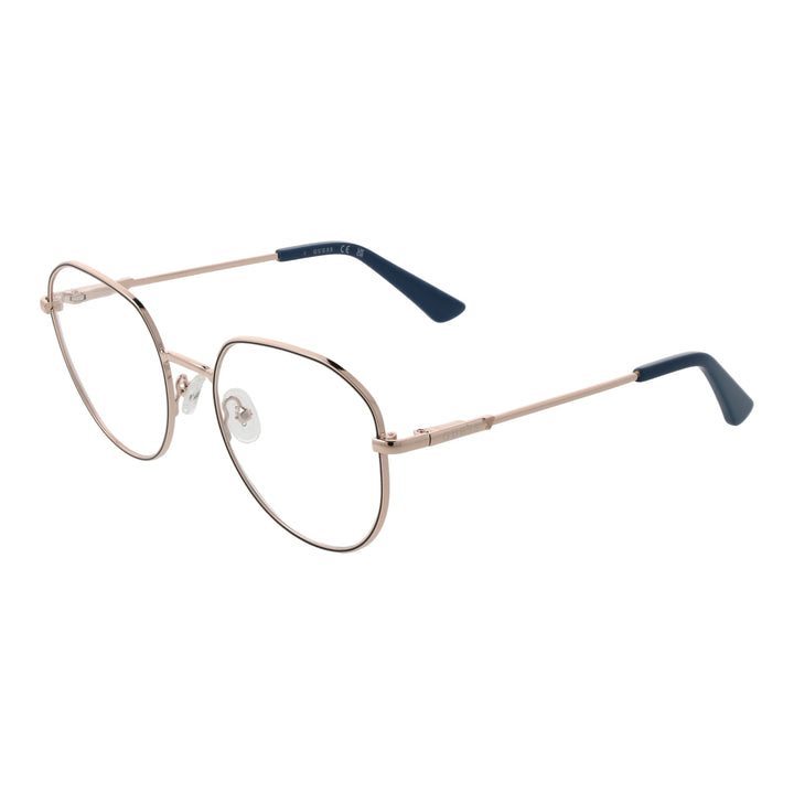 Rose gold metal eyeglasses with rounded square lenses and navy accents on thin temples, Unisex frame