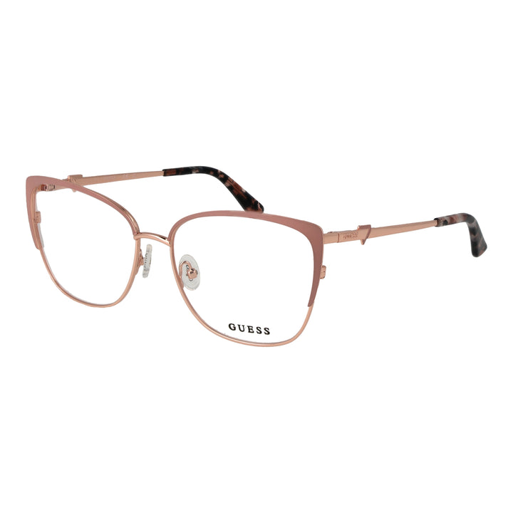 Rose gold metal rectangular eyeglasses with tortoiseshell temple accents on white background, front three-quarter view