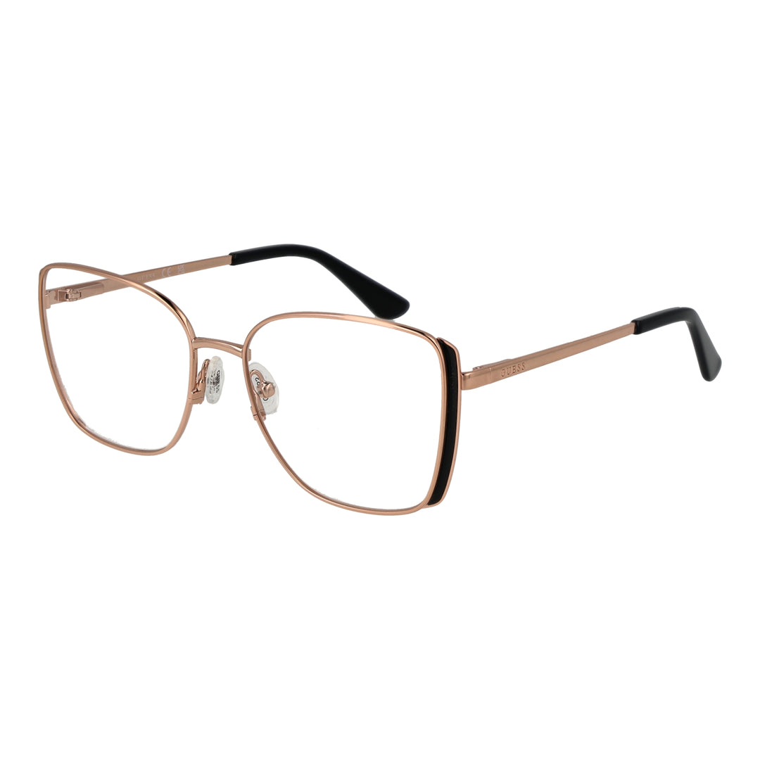 Rose gold thin metal square eyeglasses with black temple tips and adjustable nose pads on white background