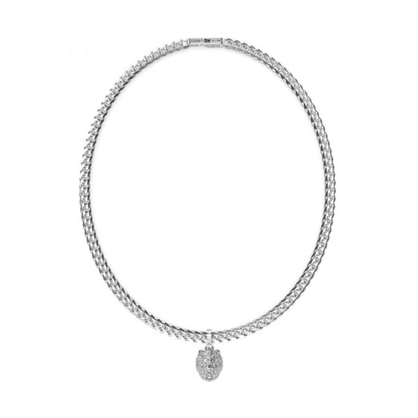 Unisex chunky silver chain necklace with sculpted lion head pendant and embedded stones on a white background
