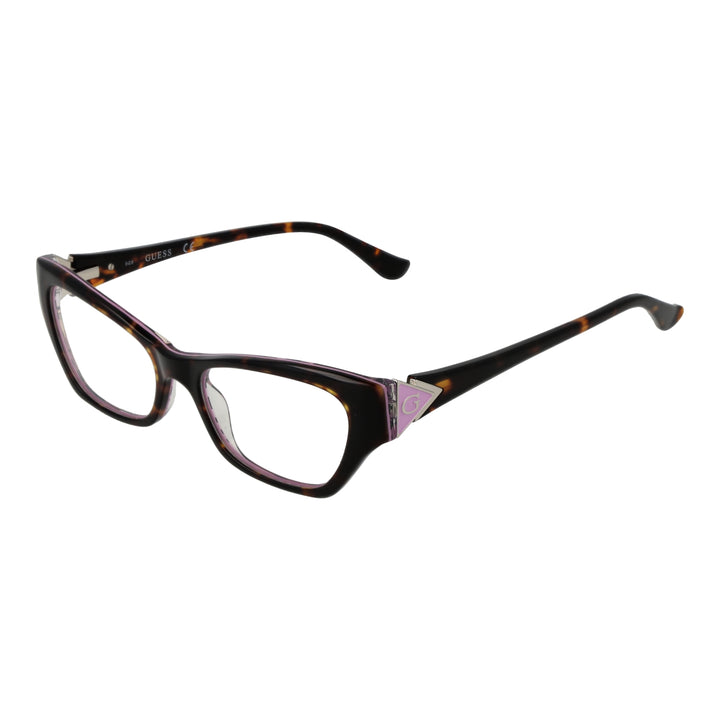 Tortoise shell cat-eye eyeglasses for Women with purple accents and triangular metal temple logo