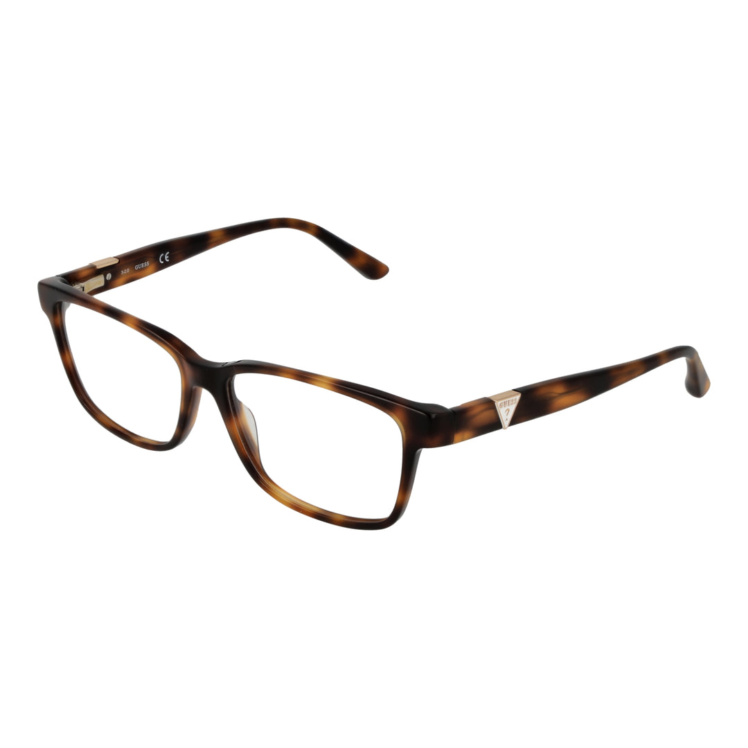 Tortoise brown full-rim rectangular eyeglasses in plastic with gold triangular temple logos, front three-quarter view