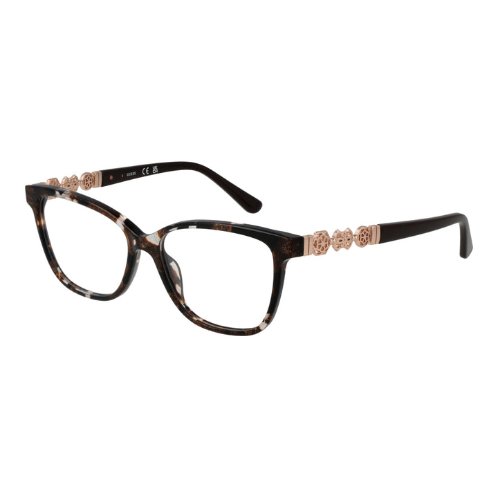 Tortoise shell square eyeglasses with black-brown pattern and rose-gold floral accents on temples