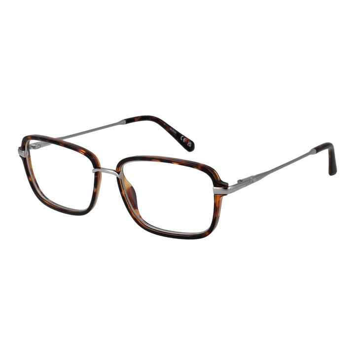 Unisex tortoise shell square eyeglasses with thin silver metal temples and plastic temple tips