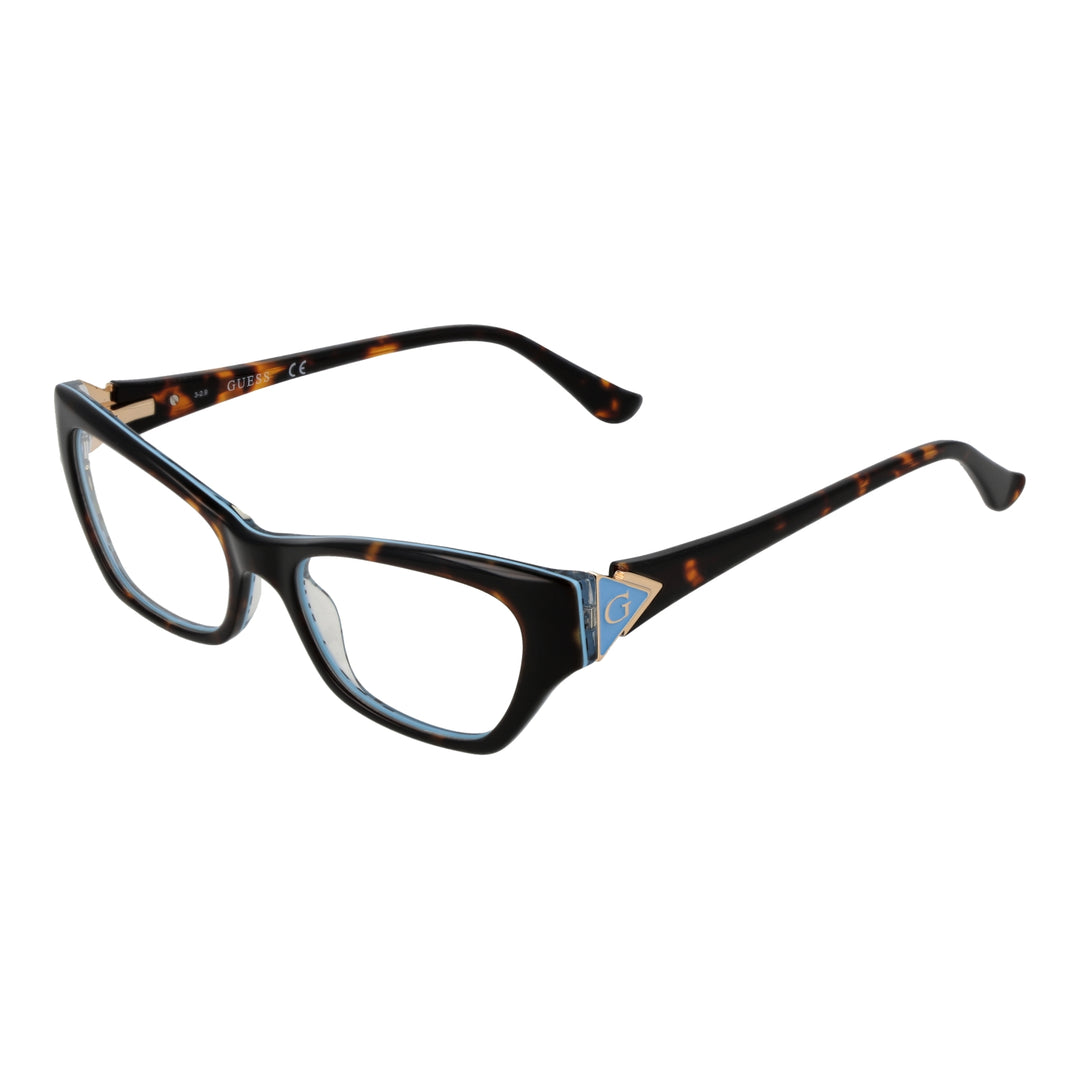 Tortoiseshell cat-eye eyeglasses in brown-black plastic with blue triangular G logo on temples, angled view