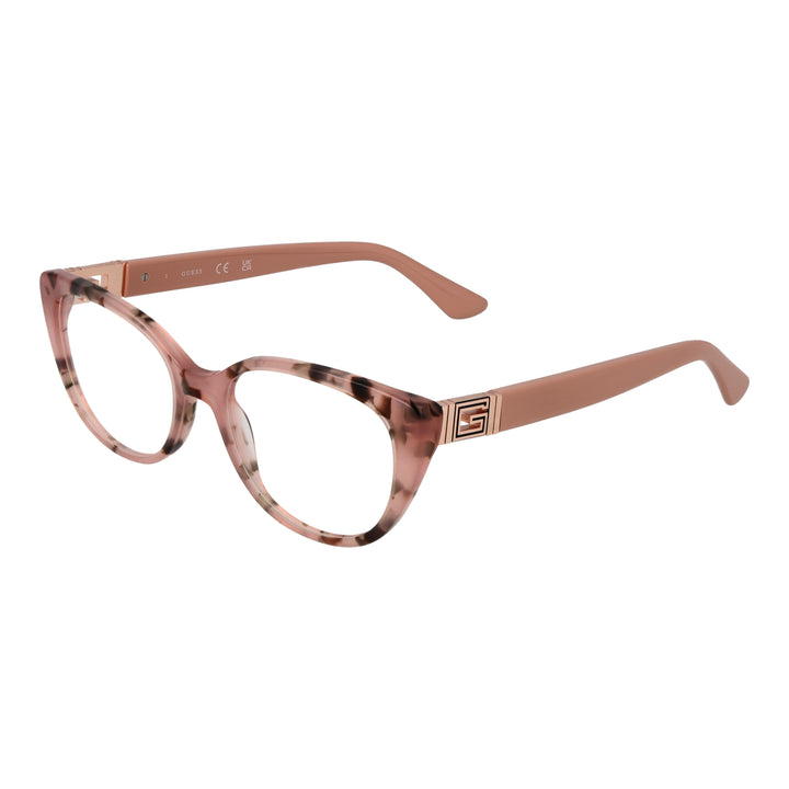 Pink tortoiseshell cat-eye eyeglasses in plastic with decorative metal logos on temples, angled view