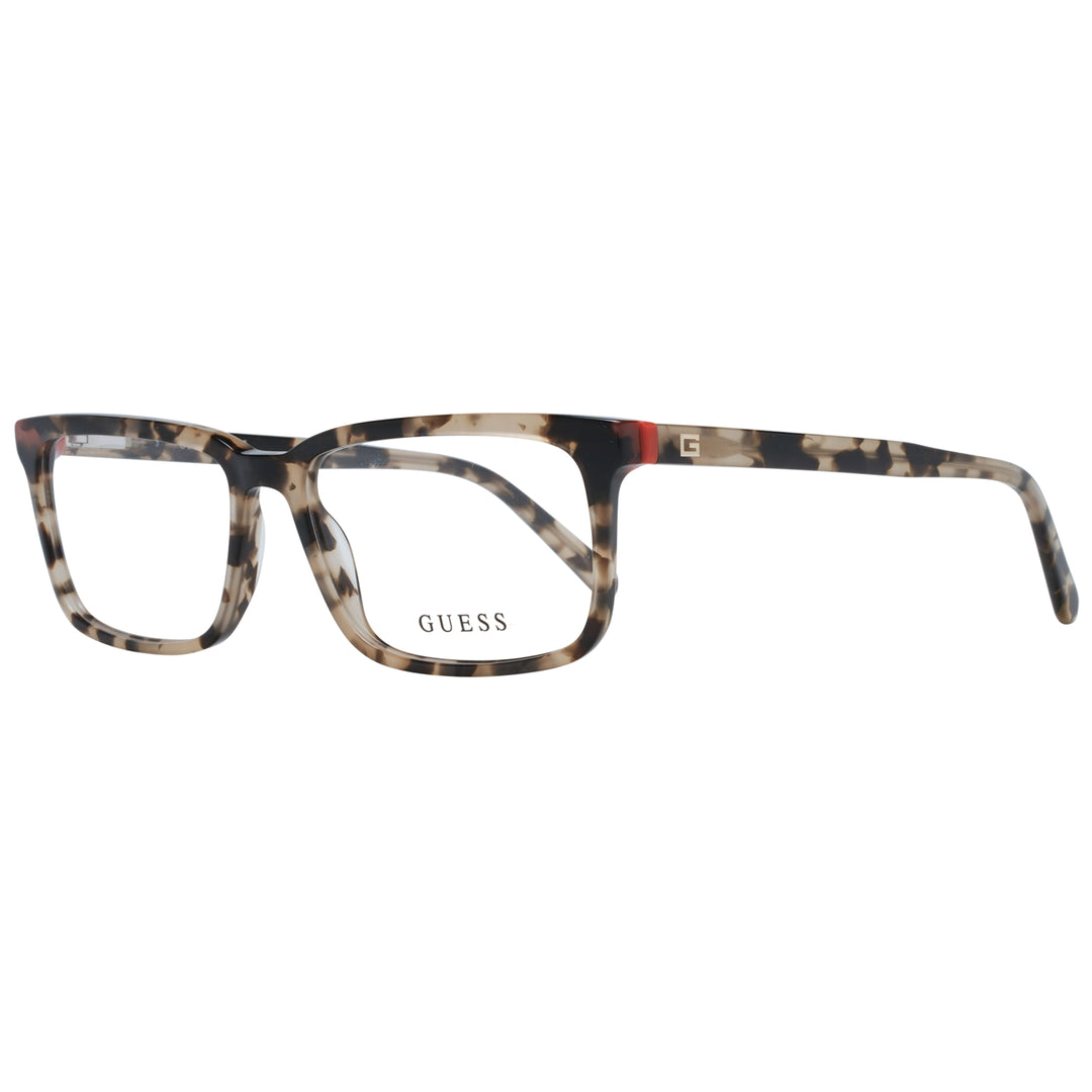 Unisex tortoiseshell rectangular eyeglasses in brown beige black with red temple accent and Guess 'G' logo