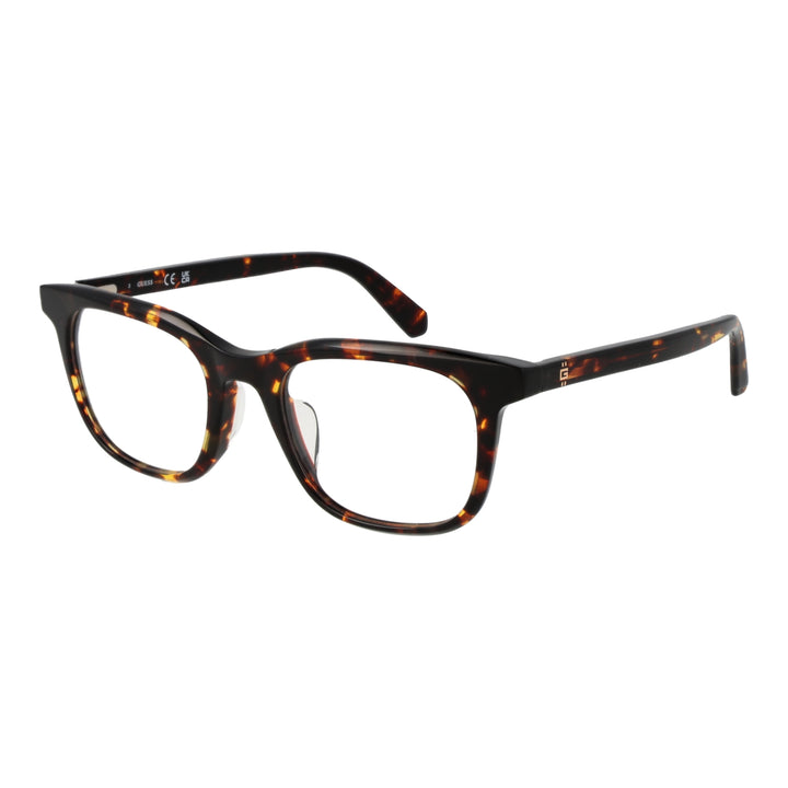 Tortoiseshell full-rim rectangular eyeglasses in brown and amber with logo on temple, front three-quarter view