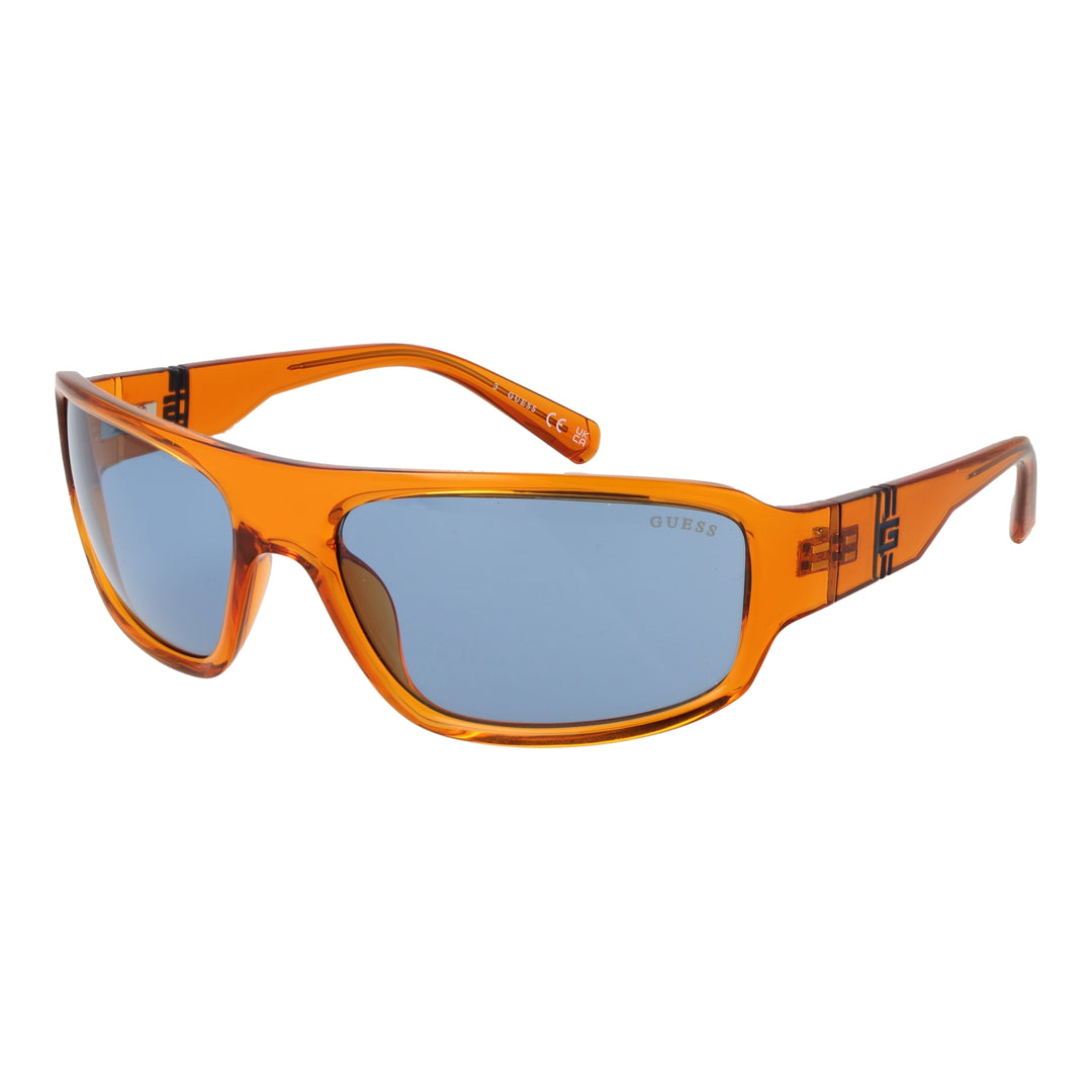 Transparent orange plastic sport sunglasses with rectangular blue lenses and visible logo on lens and temples