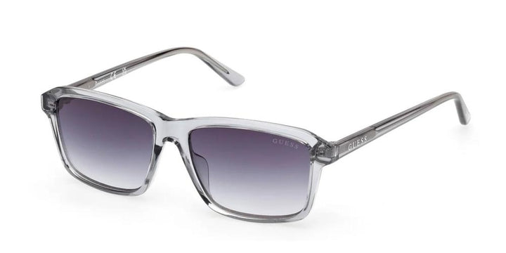 Unisex transparent gray rectangular sunglasses with gradient purple lenses on white background