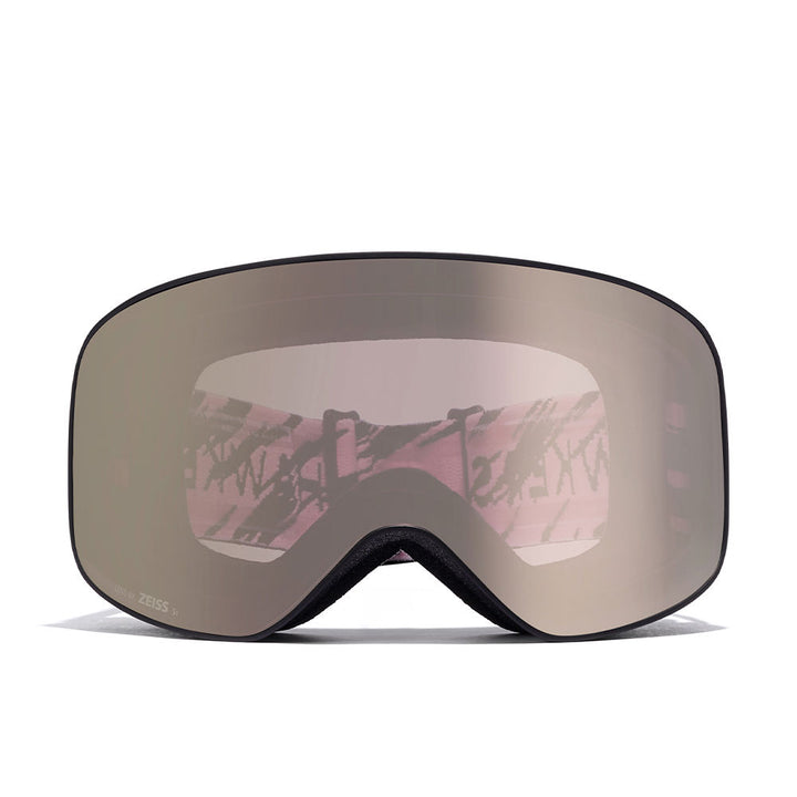 Matte black cylindrical snow goggles with pink-striped strap and two ZEISS lenses