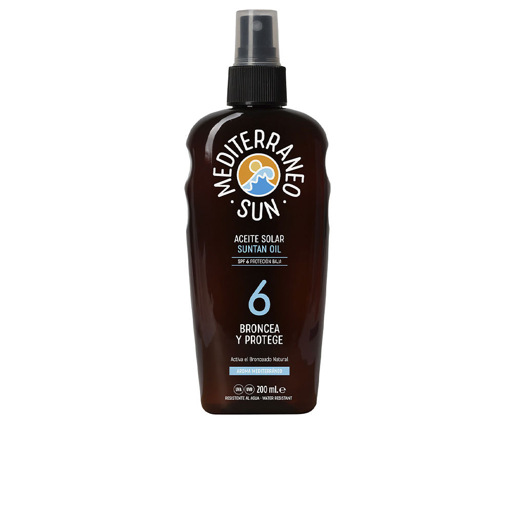 Mediterraneo Sun Dark brown plastic suntan oil bottle with black and blue accents, curved shape and spray nozzle