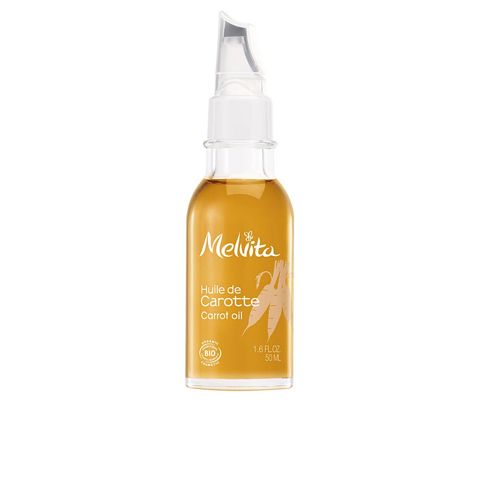 Glass bottle of organic carrot body oil, 50 ml, golden orange liquid