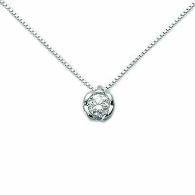 White gold pendant necklace with single round brilliant diamond on delicate chain, prong-set, classic styling