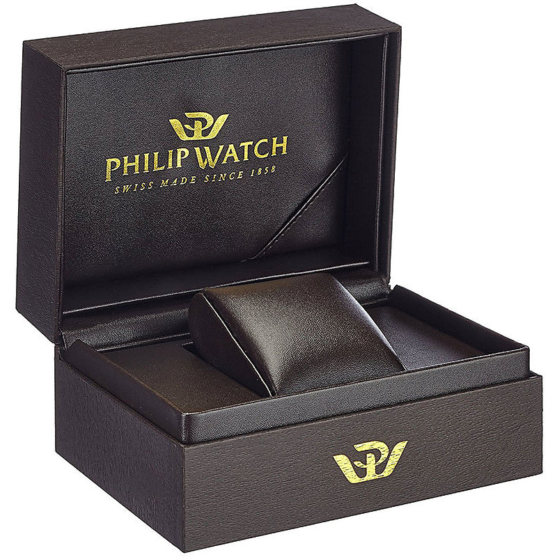 Silver and rose gold analog watch on leather strap showing black and white dial with date display