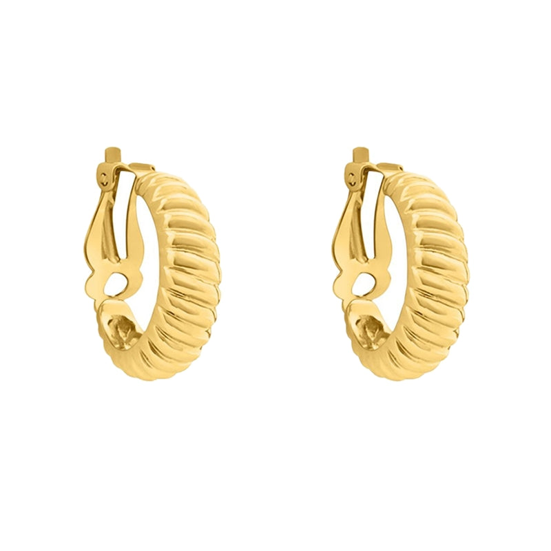 Stroili Gold Hoop Earrings: ribbed hoop earrings for women with hinged clasp and polished finish, shown close-up