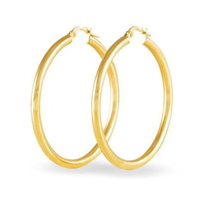 Pair of polished gold hoop earrings with smooth surface and hinged clasp closure, photographed on white